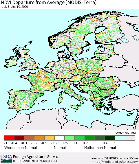 Europe NDVI Departure from Average (Terra-MODIS) Thematic Map For 7/1/2020 - 7/10/2020