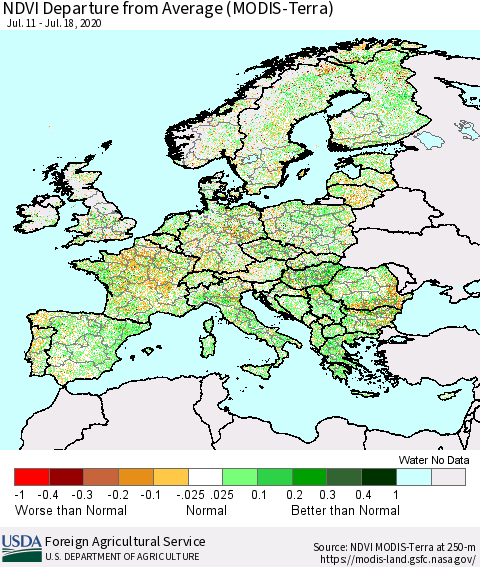 Europe NDVI Departure from Average (Terra-MODIS) Thematic Map For 7/11/2020 - 7/20/2020