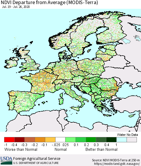 Europe NDVI Departure from Average (Terra-MODIS) Thematic Map For 7/21/2020 - 7/31/2020