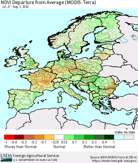 Europe NDVI Departure from Average (Terra-MODIS) Thematic Map For 8/1/2020 - 8/10/2020