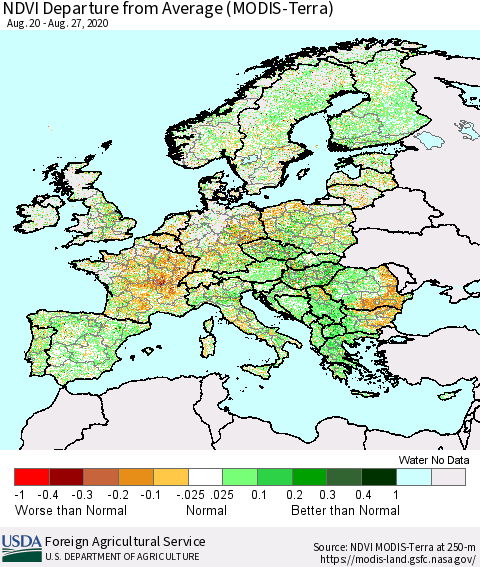 Europe NDVI Departure from Average (Terra-MODIS) Thematic Map For 8/21/2020 - 8/31/2020