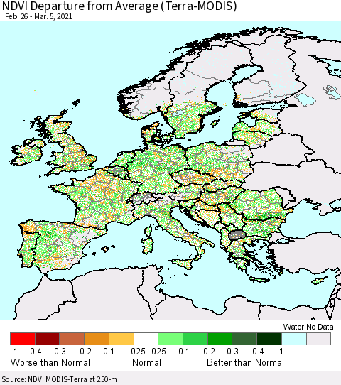 Europe NDVI Departure from Average (Terra-MODIS) Thematic Map For 2/26/2021 - 3/5/2021