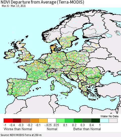 Europe NDVI Departure from Average (Terra-MODIS) Thematic Map For 3/6/2021 - 3/13/2021