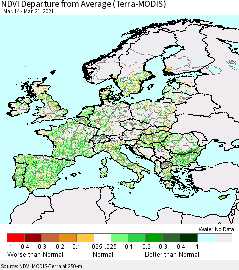 Europe NDVI Departure from Average (Terra-MODIS) Thematic Map For 3/14/2021 - 3/21/2021