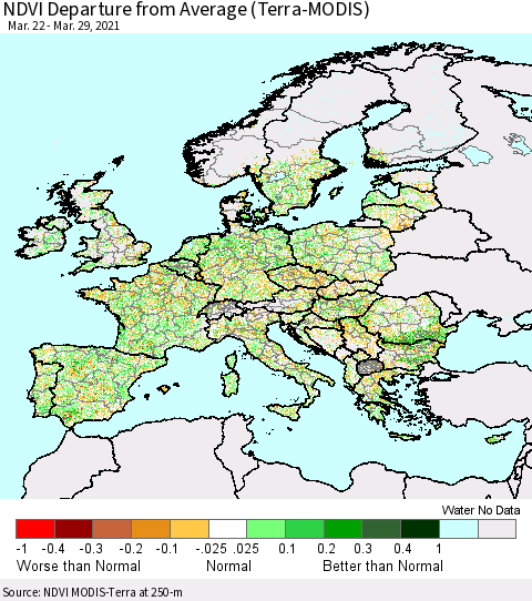 Europe NDVI Departure from Average (Terra-MODIS) Thematic Map For 3/22/2021 - 3/29/2021