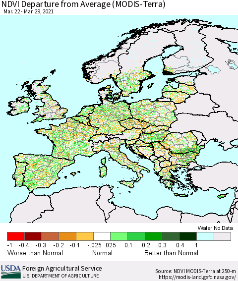 Europe NDVI Departure from Average (Terra-MODIS) Thematic Map For 3/21/2021 - 3/31/2021