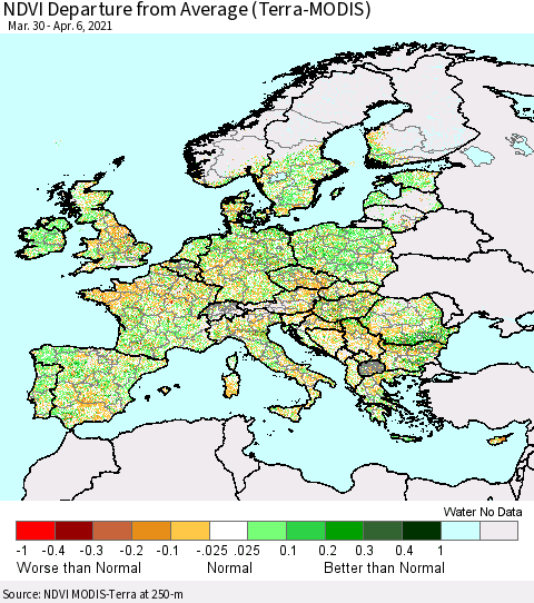 Europe NDVI Departure from Average (Terra-MODIS) Thematic Map For 3/30/2021 - 4/6/2021