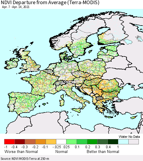 Europe NDVI Departure from Average (Terra-MODIS) Thematic Map For 4/7/2021 - 4/14/2021