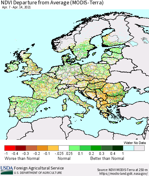 Europe NDVI Departure from Average (Terra-MODIS) Thematic Map For 4/11/2021 - 4/20/2021