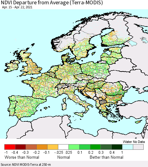 Europe NDVI Departure from Average (Terra-MODIS) Thematic Map For 4/15/2021 - 4/22/2021