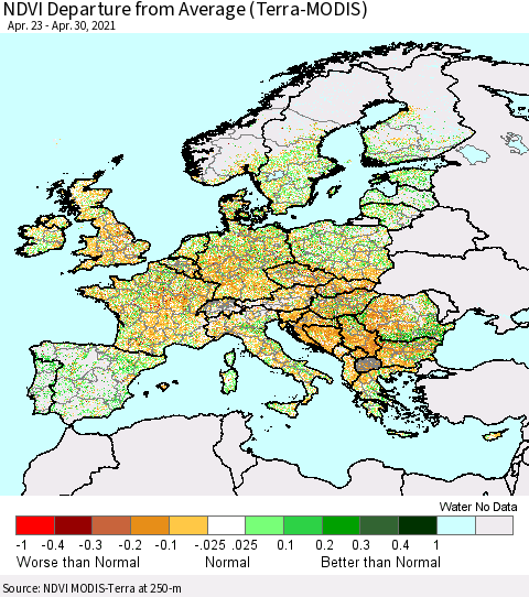 Europe NDVI Departure from Average (Terra-MODIS) Thematic Map For 4/23/2021 - 4/30/2021