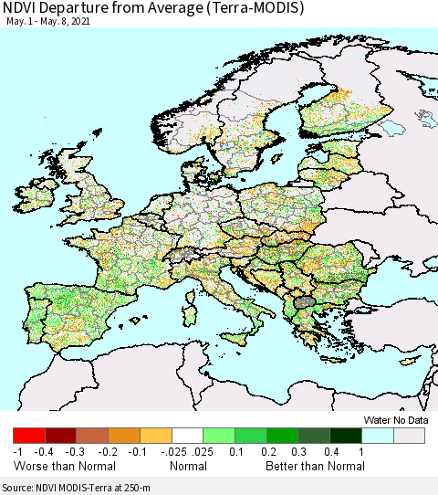 Europe NDVI Departure from Average (Terra-MODIS) Thematic Map For 5/1/2021 - 5/8/2021