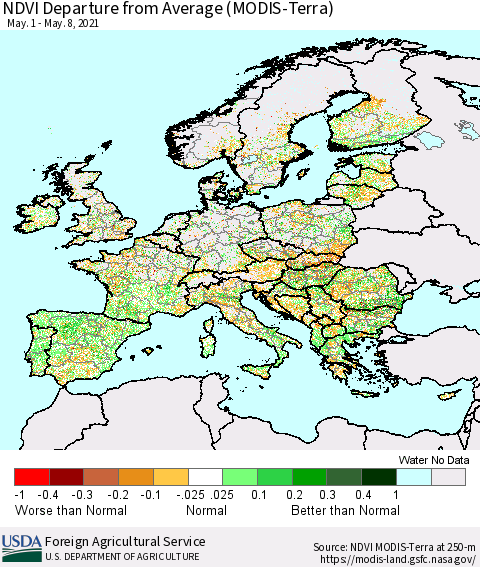 Europe NDVI Departure from Average (Terra-MODIS) Thematic Map For 5/1/2021 - 5/10/2021