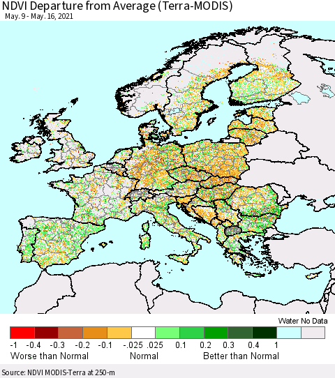 Europe NDVI Departure from Average (Terra-MODIS) Thematic Map For 5/9/2021 - 5/16/2021