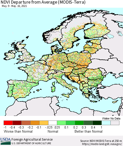 Europe NDVI Departure from Average (Terra-MODIS) Thematic Map For 5/11/2021 - 5/20/2021