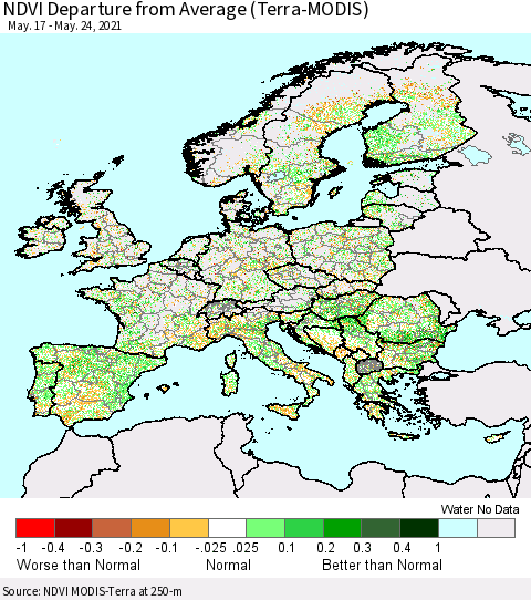 Europe NDVI Departure from Average (Terra-MODIS) Thematic Map For 5/17/2021 - 5/24/2021