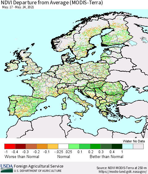 Europe NDVI Departure from Average (Terra-MODIS) Thematic Map For 5/21/2021 - 5/31/2021