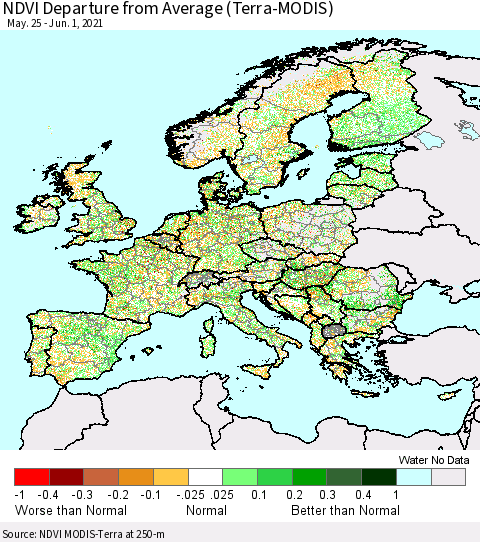 Europe NDVI Departure from Average (Terra-MODIS) Thematic Map For 5/25/2021 - 6/1/2021