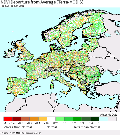 Europe NDVI Departure from Average (Terra-MODIS) Thematic Map For 6/2/2021 - 6/9/2021