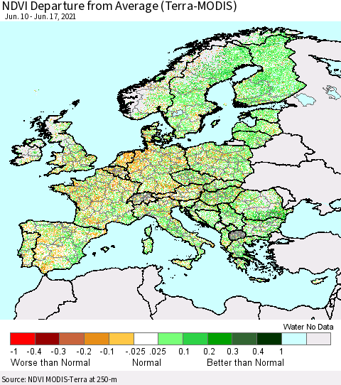 Europe NDVI Departure from Average (Terra-MODIS) Thematic Map For 6/10/2021 - 6/17/2021