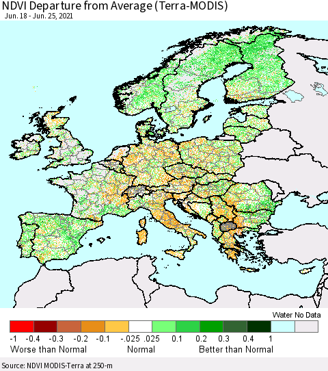 Europe NDVI Departure from Average (Terra-MODIS) Thematic Map For 6/18/2021 - 6/25/2021