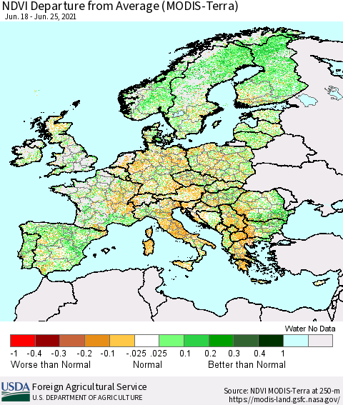 Europe NDVI Departure from Average (Terra-MODIS) Thematic Map For 6/21/2021 - 6/30/2021