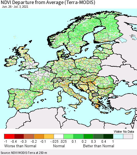 Europe NDVI Departure from Average (Terra-MODIS) Thematic Map For 6/26/2021 - 7/3/2021
