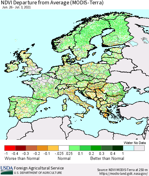 Europe NDVI Departure from Average (Terra-MODIS) Thematic Map For 7/1/2021 - 7/10/2021