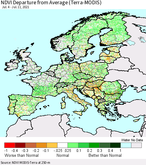 Europe NDVI Departure from Average (Terra-MODIS) Thematic Map For 7/4/2021 - 7/11/2021