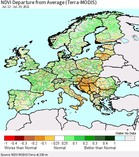 Europe NDVI Departure from Average (Terra-MODIS) Thematic Map For 7/12/2021 - 7/19/2021