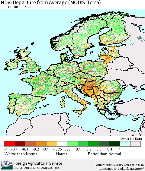Europe NDVI Departure from Average (Terra-MODIS) Thematic Map For 7/11/2021 - 7/20/2021
