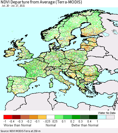 Europe NDVI Departure from Average (Terra-MODIS) Thematic Map For 7/20/2021 - 7/27/2021