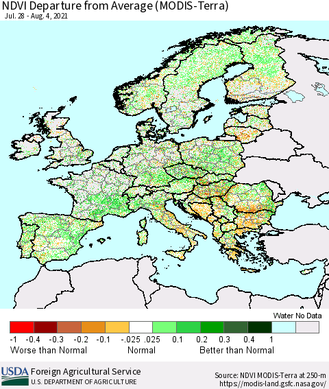 Europe NDVI Departure from Average (Terra-MODIS) Thematic Map For 8/1/2021 - 8/10/2021