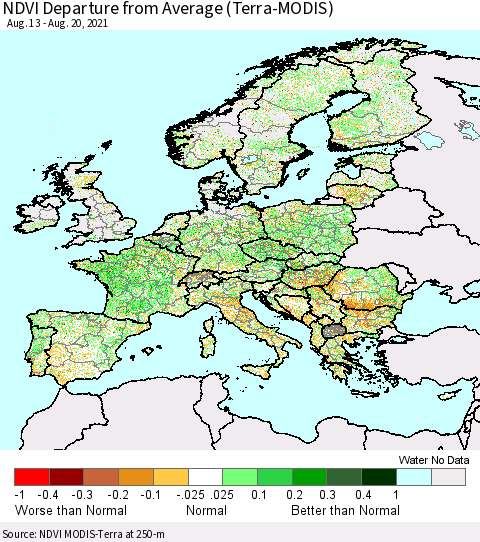 Europe NDVI Departure from Average (Terra-MODIS) Thematic Map For 8/11/2021 - 8/20/2021