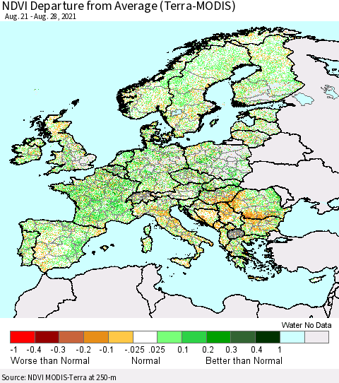 Europe NDVI Departure from Average (Terra-MODIS) Thematic Map For 8/21/2021 - 8/28/2021