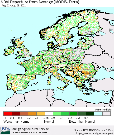 Europe NDVI Departure from Average (Terra-MODIS) Thematic Map For 8/21/2021 - 8/31/2021