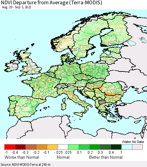 Europe NDVI Departure from Average (Terra-MODIS) Thematic Map For 8/29/2021 - 9/5/2021
