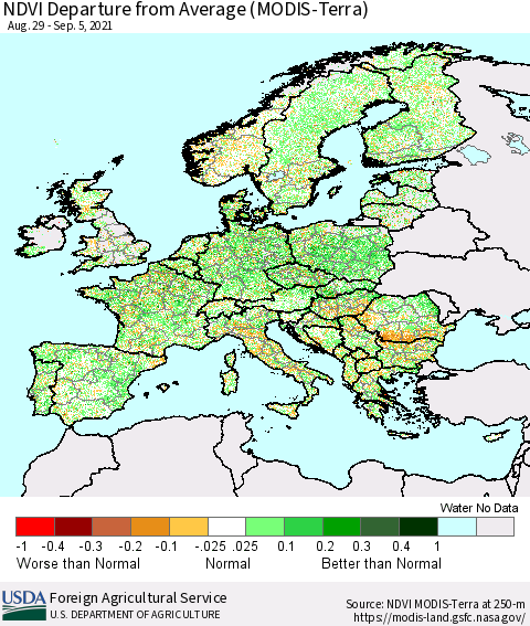Europe NDVI Departure from Average (Terra-MODIS) Thematic Map For 9/1/2021 - 9/10/2021