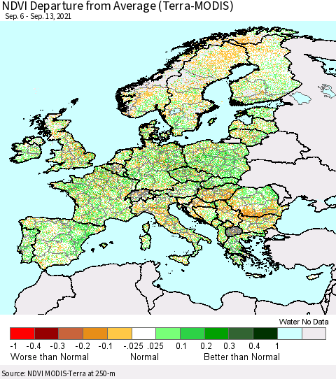 Europe NDVI Departure from Average (Terra-MODIS) Thematic Map For 9/6/2021 - 9/13/2021