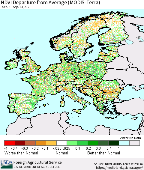 Europe NDVI Departure from Average (Terra-MODIS) Thematic Map For 9/11/2021 - 9/20/2021