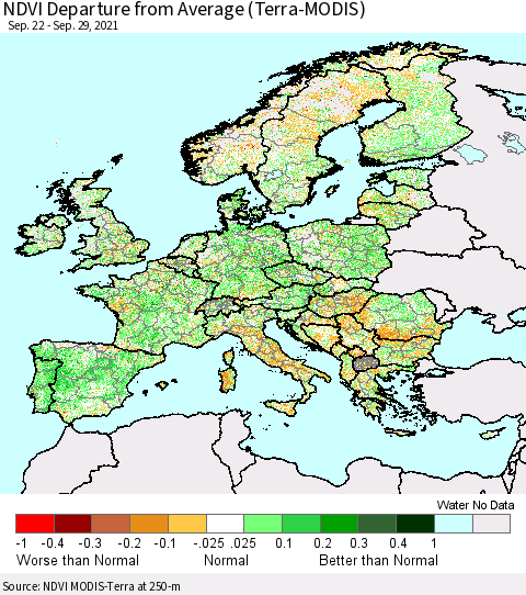 Europe NDVI Departure from Average (Terra-MODIS) Thematic Map For 9/22/2021 - 9/29/2021
