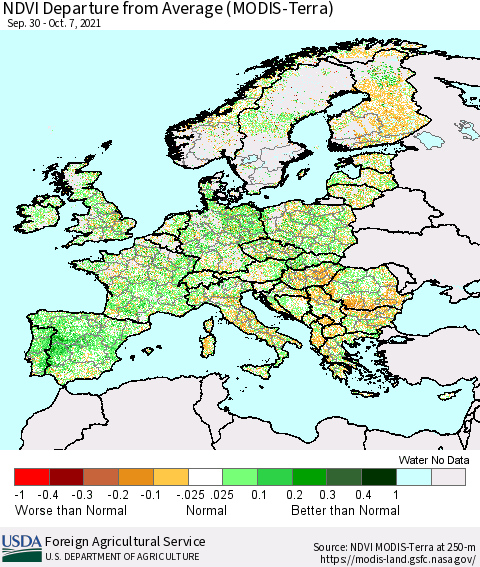 Europe NDVI Departure from Average (Terra-MODIS) Thematic Map For 10/1/2021 - 10/10/2021