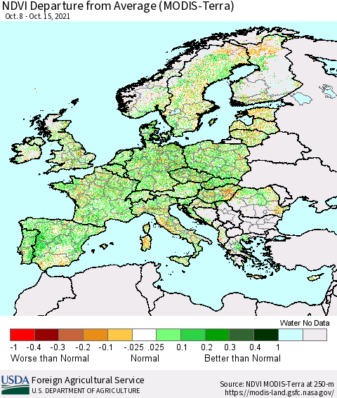 Europe NDVI Departure from Average (Terra-MODIS) Thematic Map For 10/11/2021 - 10/20/2021
