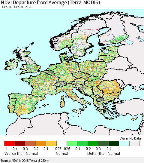 Europe NDVI Departure from Average (Terra-MODIS) Thematic Map For 10/21/2021 - 10/31/2021