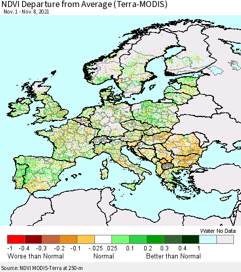 Europe NDVI Departure from Average (Terra-MODIS) Thematic Map For 11/1/2021 - 11/8/2021