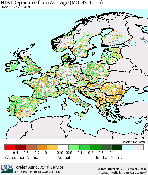 Europe NDVI Departure from Average (Terra-MODIS) Thematic Map For 11/1/2021 - 11/10/2021