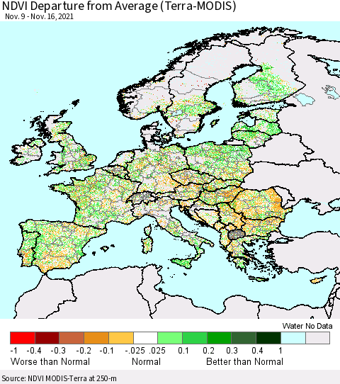 Europe NDVI Departure from Average (Terra-MODIS) Thematic Map For 11/9/2021 - 11/16/2021