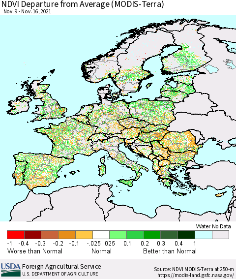 Europe NDVI Departure from Average (Terra-MODIS) Thematic Map For 11/11/2021 - 11/20/2021
