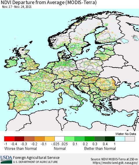 Europe NDVI Departure from Average (Terra-MODIS) Thematic Map For 11/21/2021 - 11/30/2021