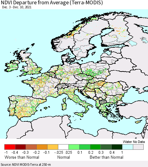 Europe NDVI Departure from Average (Terra-MODIS) Thematic Map For 12/1/2021 - 12/10/2021